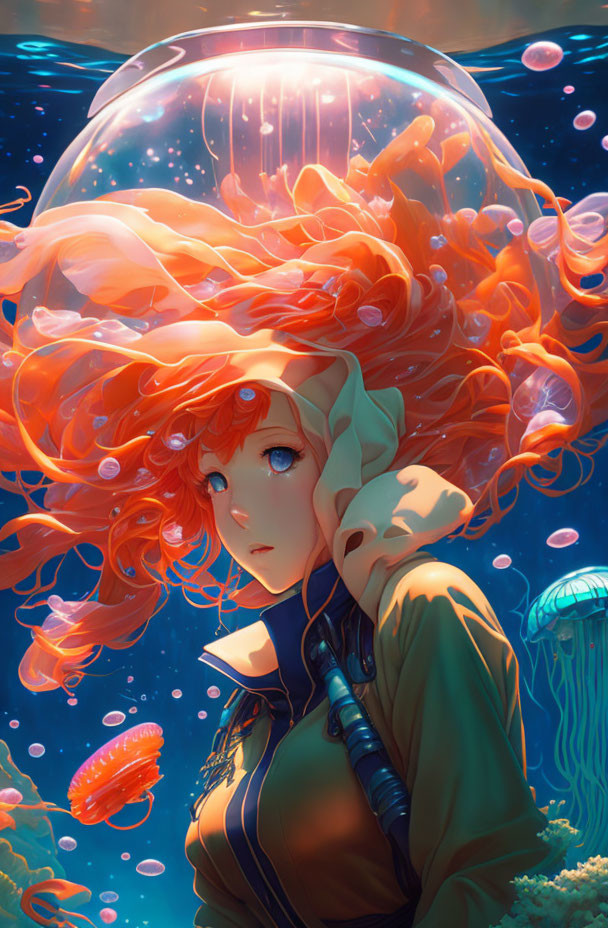 Woman with vibrant red hair underwater surrounded by jellyfish and glowing orbs in a transparent bubble