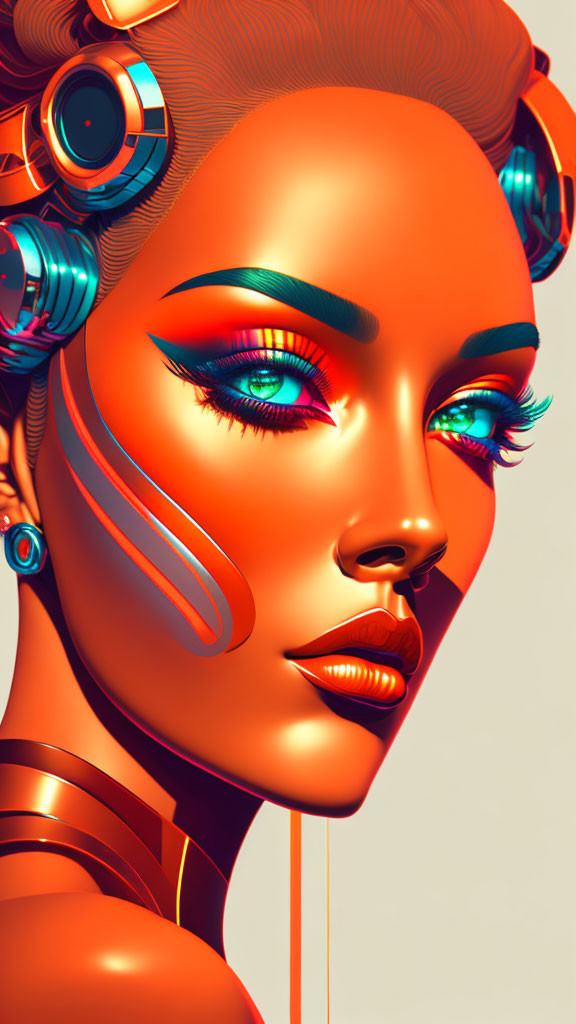 Colorful digital artwork: Female figure with blue eyeshadow and orange headphones