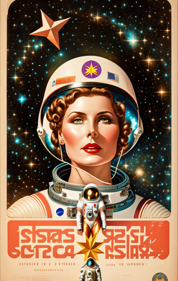 Vintage space travel poster with woman astronaut, Cyrillic text, stars, and rocket