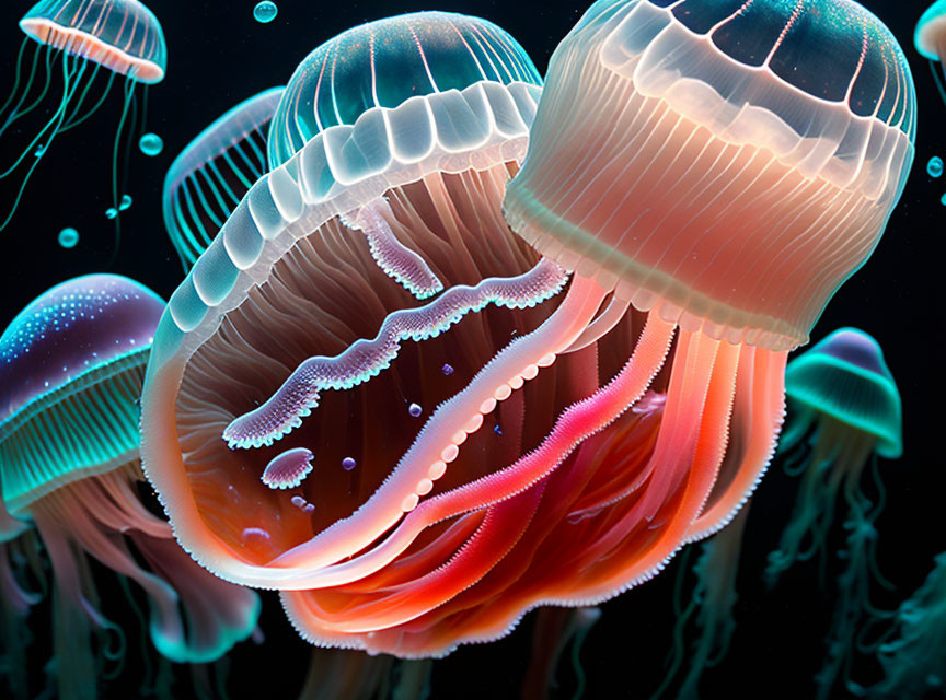 Vibrant jellyfish with glowing bodies and tentacles in water.