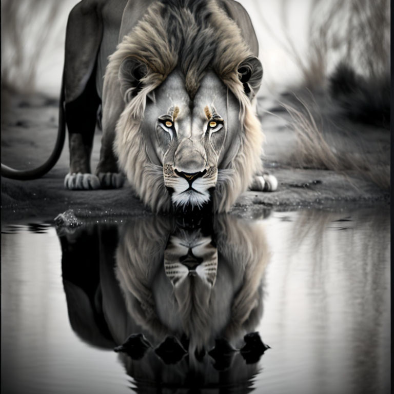 Majestic lion with intense eyes reflected in water in grayscale with colored eyes