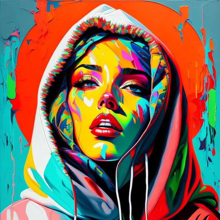 Colorful portrait of person with hood & graffiti-style drips