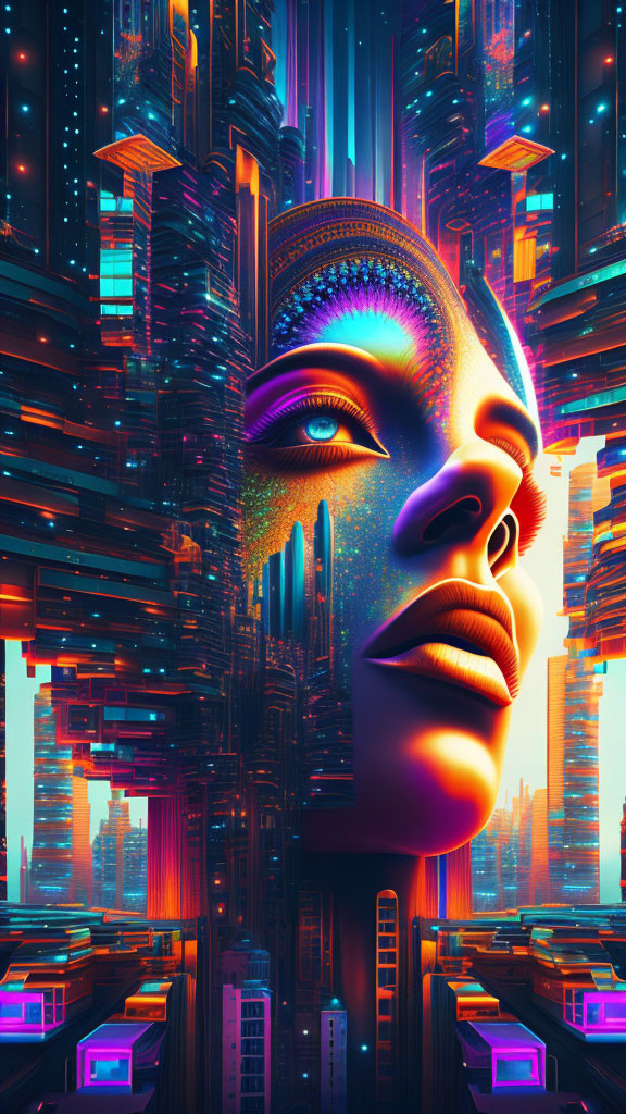 Futuristic cityscape merges with woman's face in vibrant colors