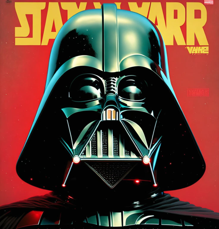 Darth Vader's helmet with "Star Wars" logo on black and red background