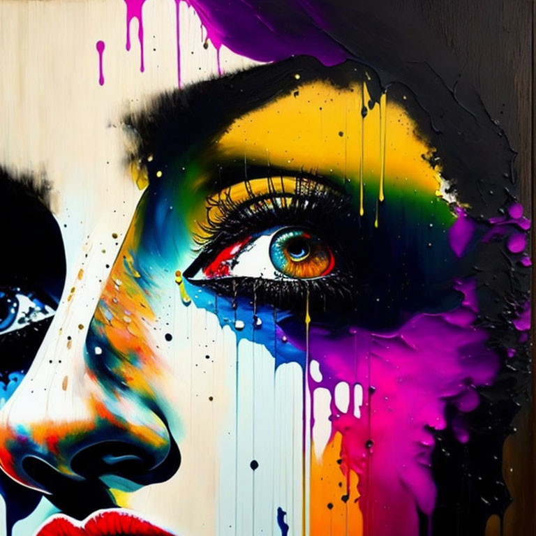 Vibrant street art-style painting of a woman's face with dripping paint