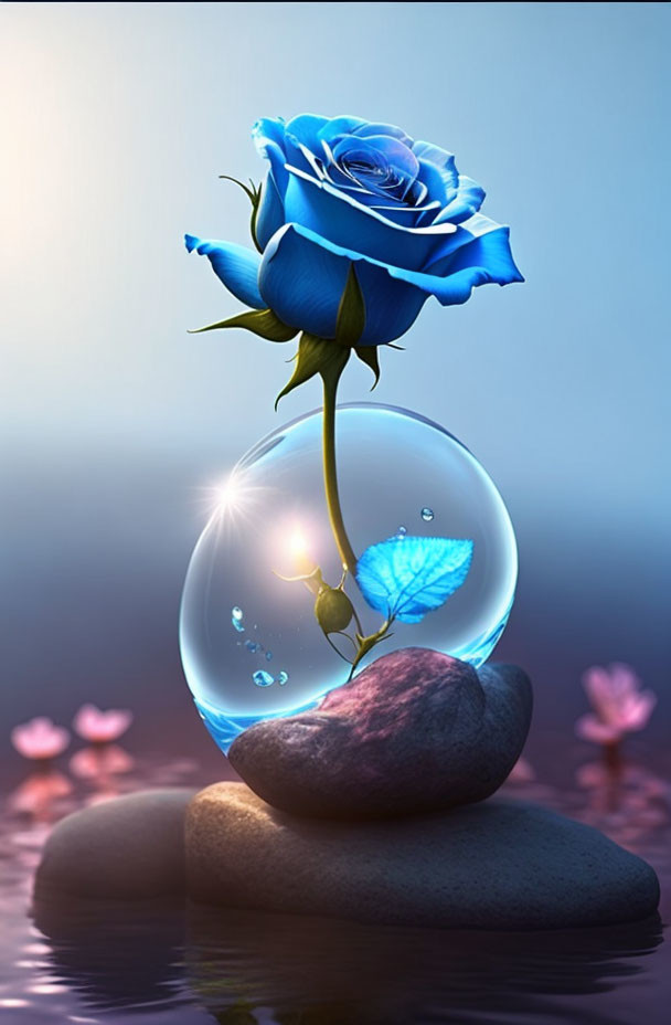 Blue rose blooming in water bubble with stones and blossoms