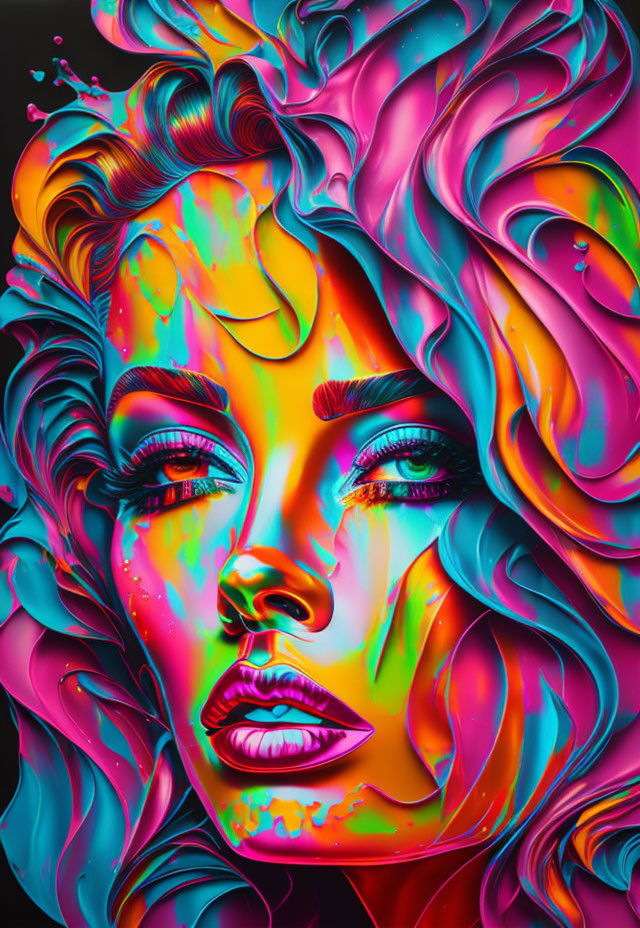 Colorful digital artwork: Woman's face with neon hair & vibrant hues