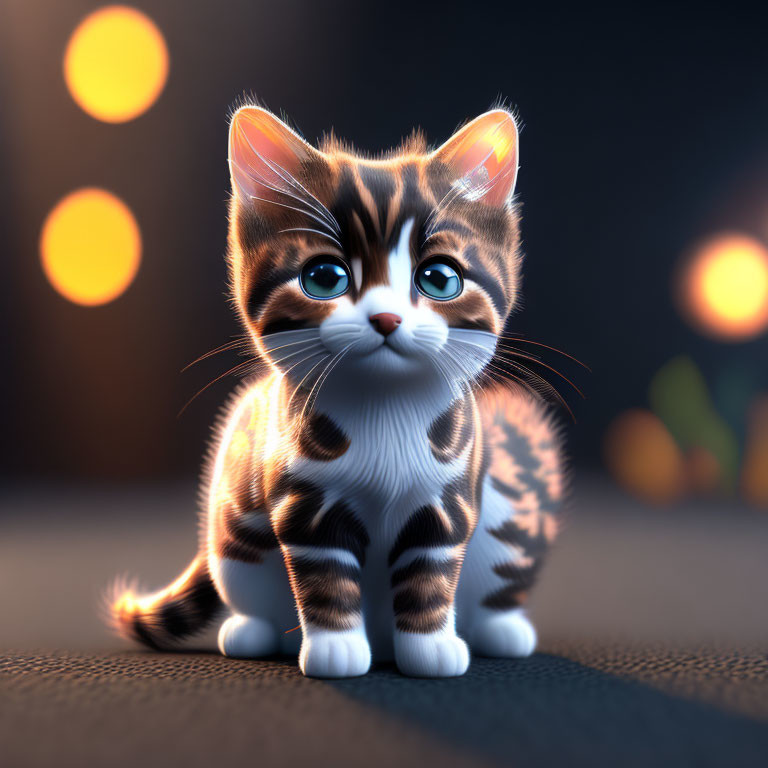 Striped cute kitten in digital art with bokeh effect