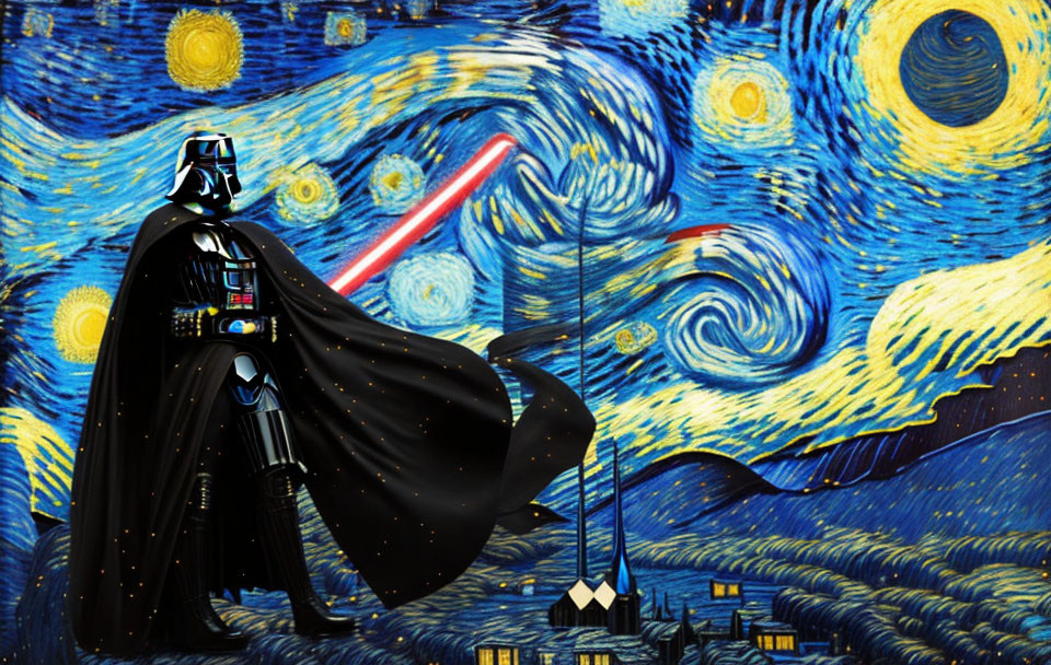 Sci-fi character with lightsaber in front of "Starry Night" painting