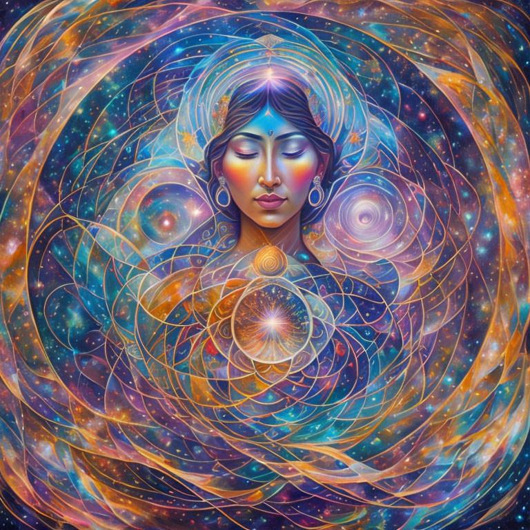 Vibrant cosmic digital artwork of a meditating woman surrounded by swirling galaxies.