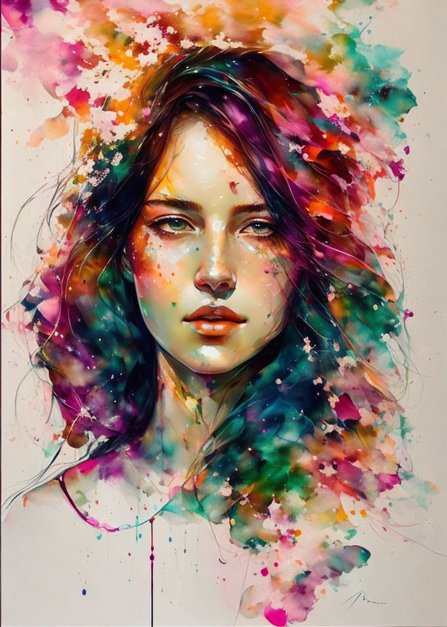 Vibrant watercolor portrait with splattered effects