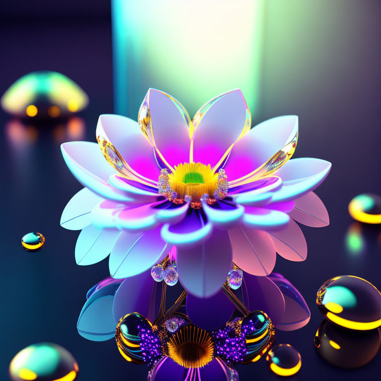 Colorful Lotus Flower and Glossy Orbs in Neon Environment