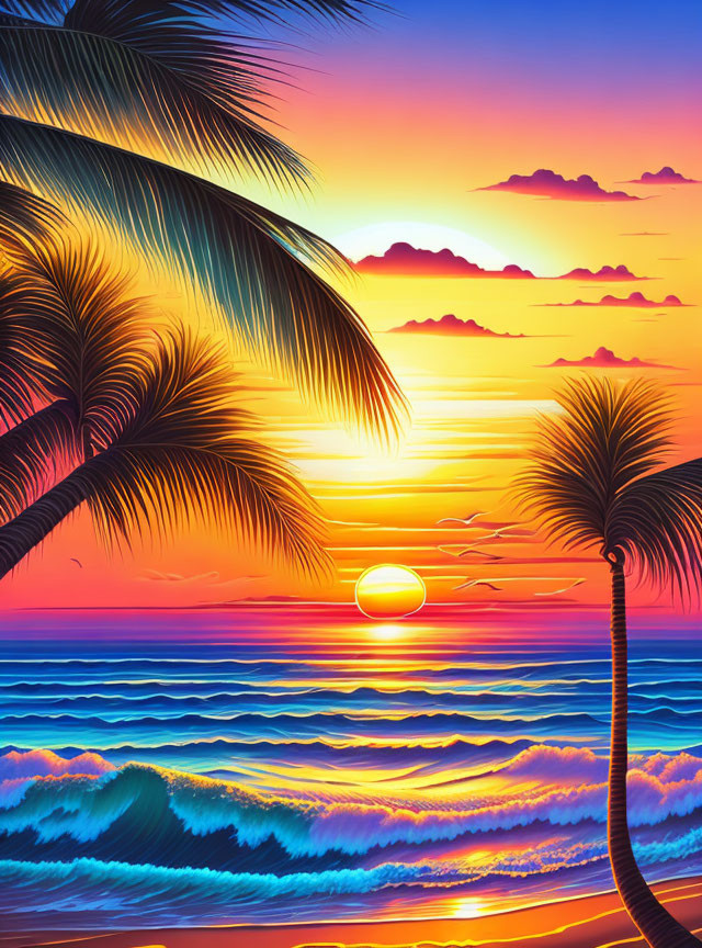 Tropical sunset over ocean with palm trees and colorful clouds