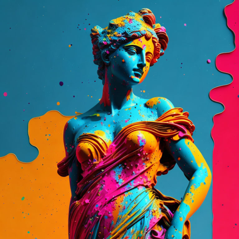 Vibrant neon paint splattered on classical statue in digital artwork