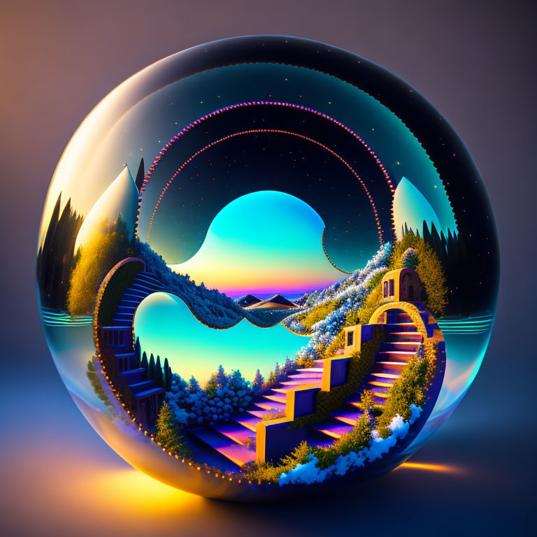 Colorful spherical artwork: fantasy landscape with stairs, houses, trees under starry sky