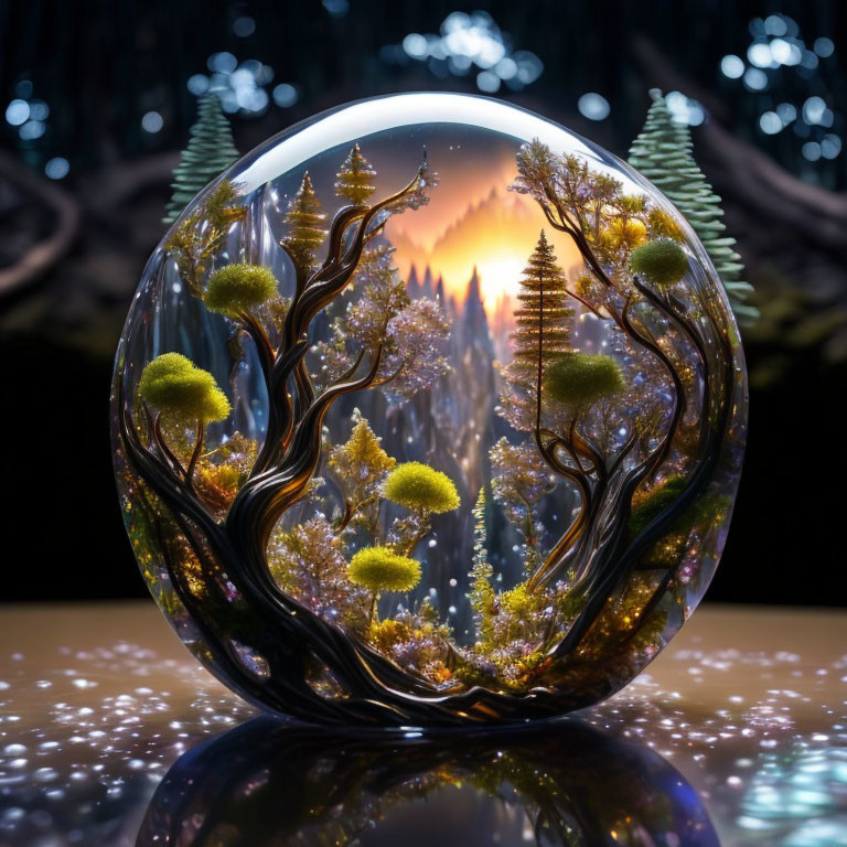 Glass sphere containing miniature forest scene with vibrant sunset and detailed trees.