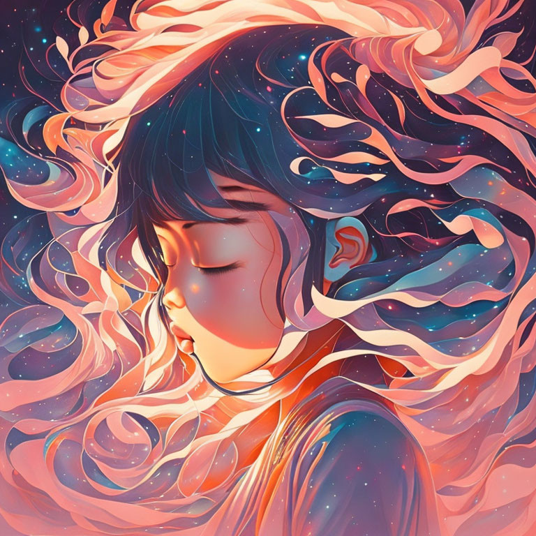 Illustration of a girl with flowing galaxy hair in pink and cosmic blue