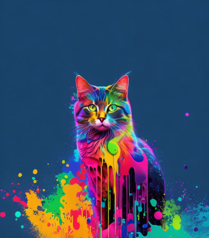 Multicolored digital cat with melting paint effect on dark blue background