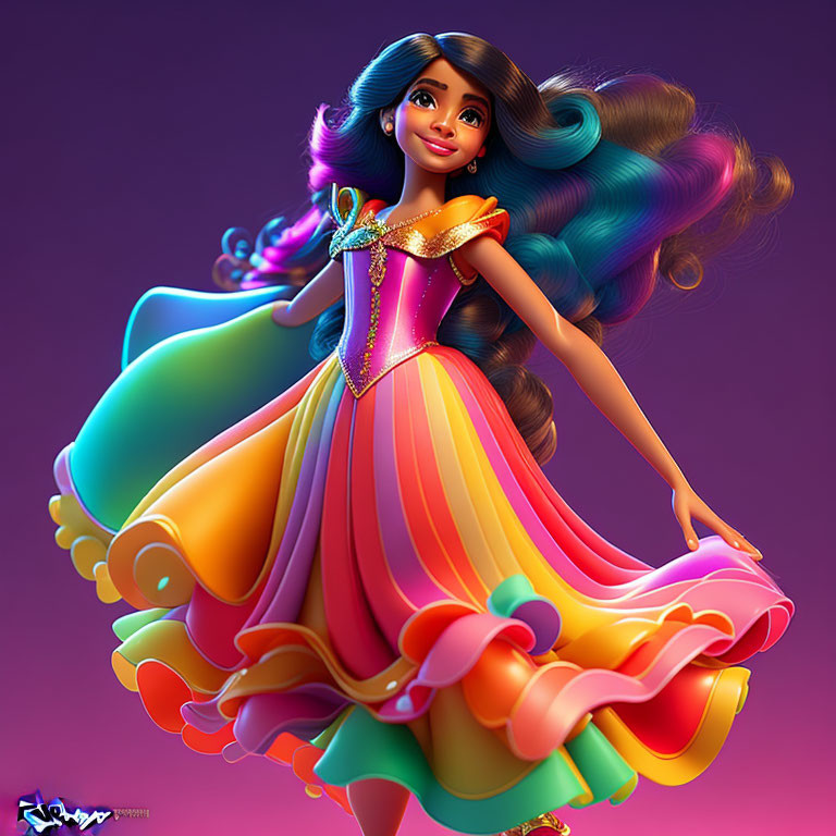 Colorful animated girl with large eyes and flowing hair in vibrant dress on purple background