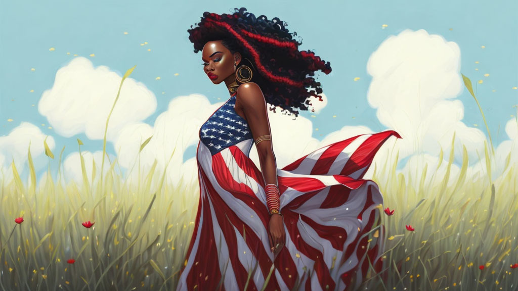 Illustration of woman with curly hair in American flag dress in field under cloudy sky