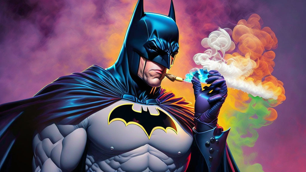 Blue and Black Batman with Classic Logo Holding Smoking Potion on Purple Background