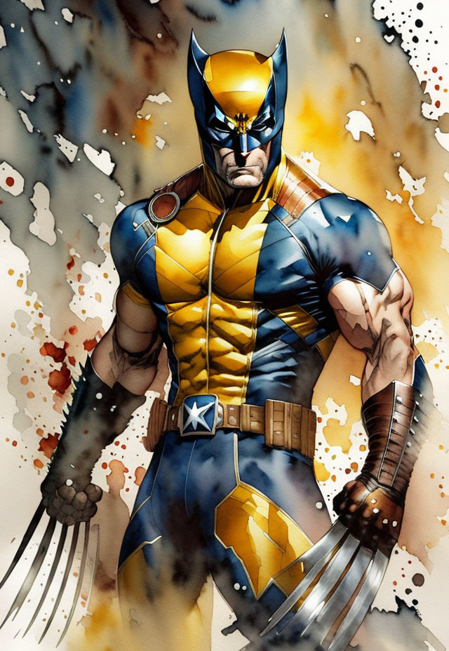 Muscular superhero with claws in blue and yellow suit on paint background