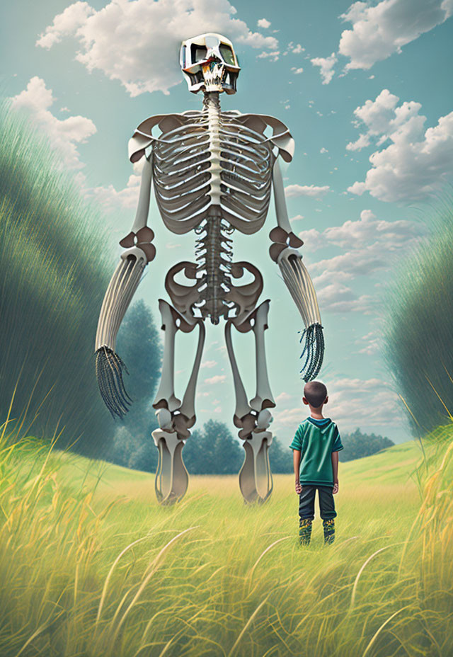 Boy in green shirt faces towering skeleton in field with cloudy sky