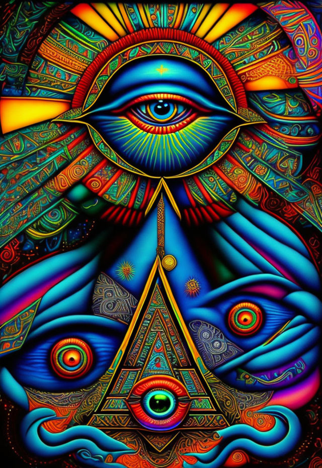 Colorful Psychedelic Artwork: All-Seeing Eye on Pyramid with Abstract Patterns