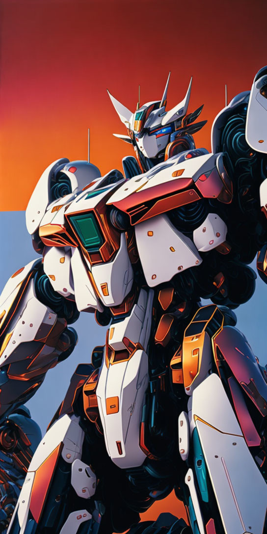 Detailed humanoid robot in white and orange armor with blue centerpiece and horned helmet on gradient background.