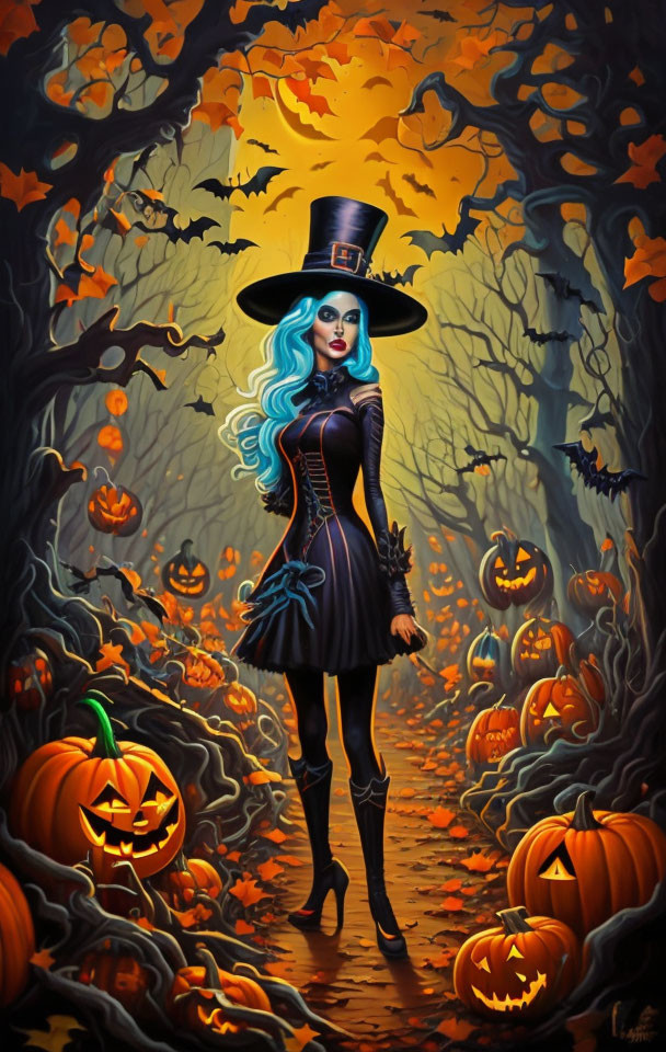 Stylized witch illustration in black outfit and hat in spooky forest.