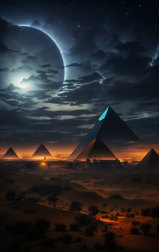 Surreal night scene: pyramids, crescent moon, celestial glow