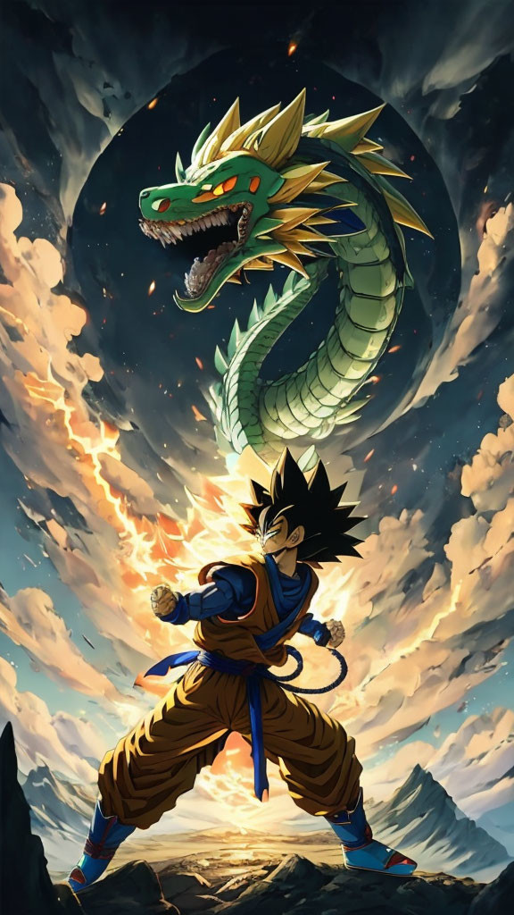 Orange and Blue Attired Warrior Faces Green Dragon in Stormy Sky