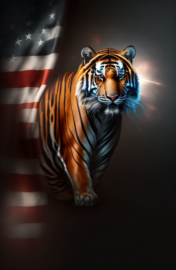 Majestic tiger with glowing blue eyes and American flag backdrop