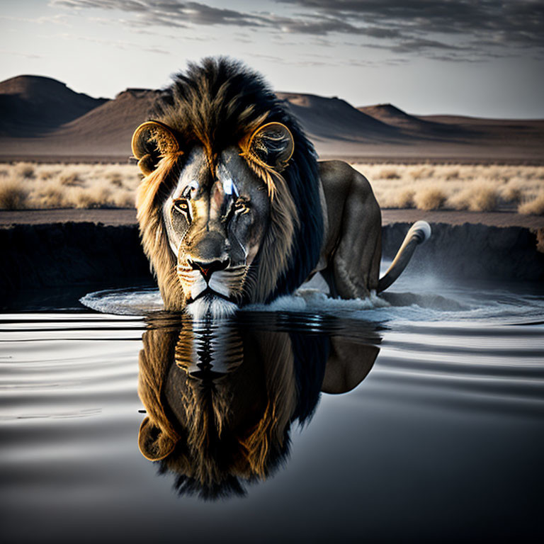 Majestic lion drinking water in desert landscape