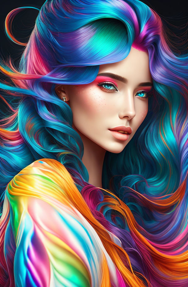 Vibrant multicolored hair on a woman with iridescent outfit and blue eyes