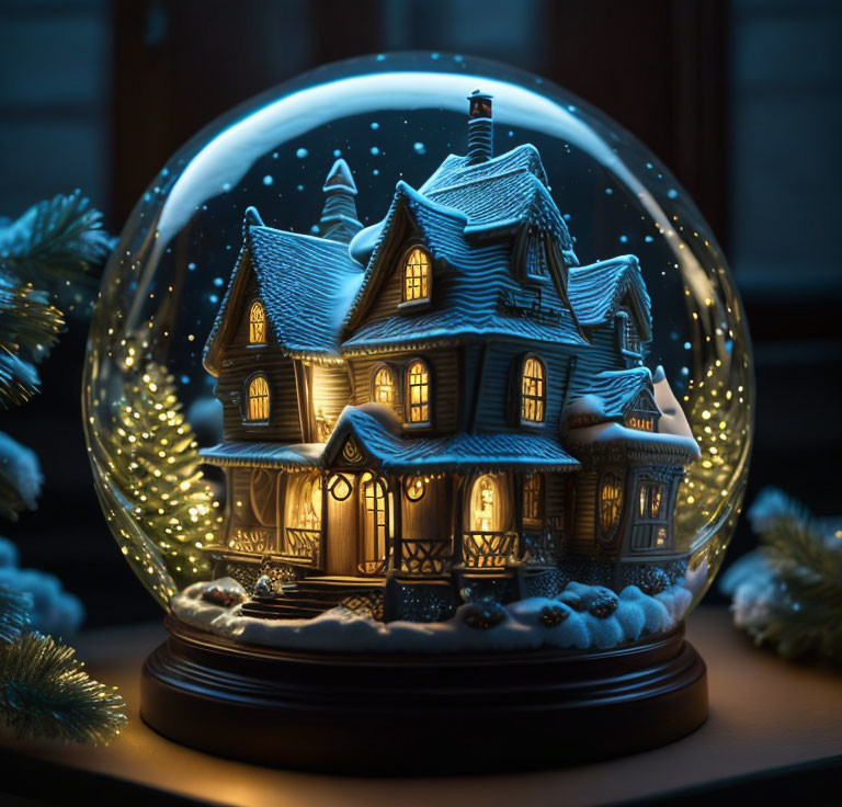 Miniature illuminated house in snow globe with winter decorations