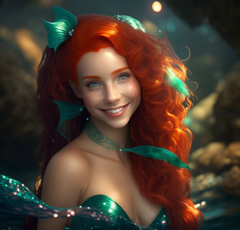 Smiling mermaid with red hair and shimmering tail in underwater scene