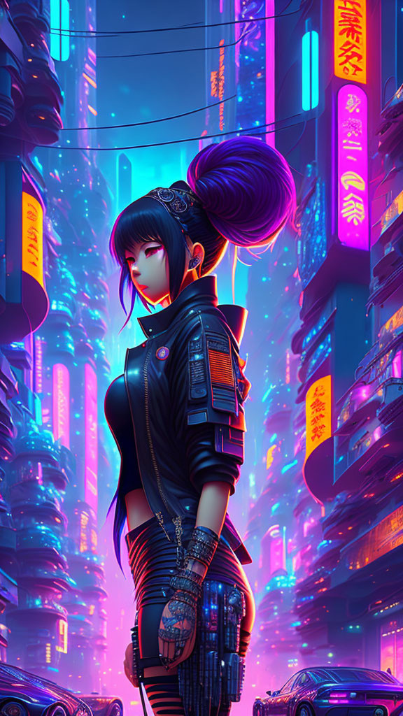 Futuristic cyberpunk illustration of a woman in neon-lit alley