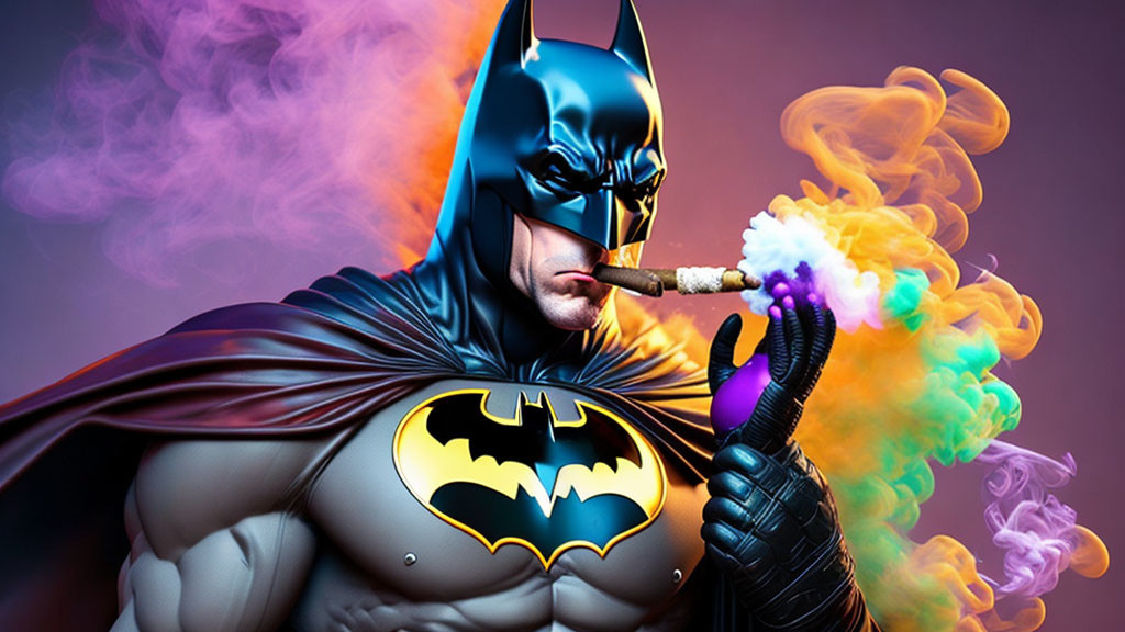 Exaggerated muscles Batman smoking cigar on purple backdrop