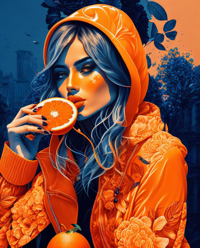 Stylized illustration of woman in orange hoodie with slice of orange against blue floral background