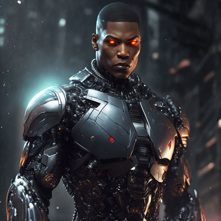 Futuristic humanoid robot with metallic armor and red glowing eyes