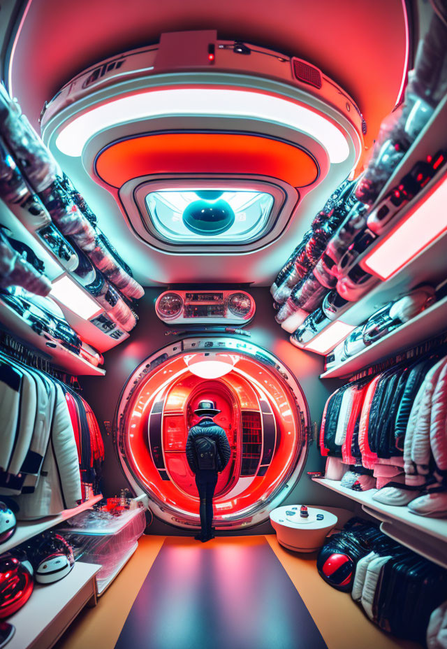 Futuristic neon-lit corridor with round doorways and high-tech shelves