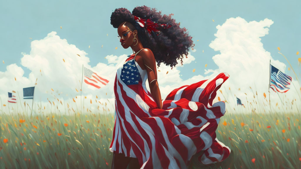 Woman with afro in American flag, field with wildflowers and flags, blue sky