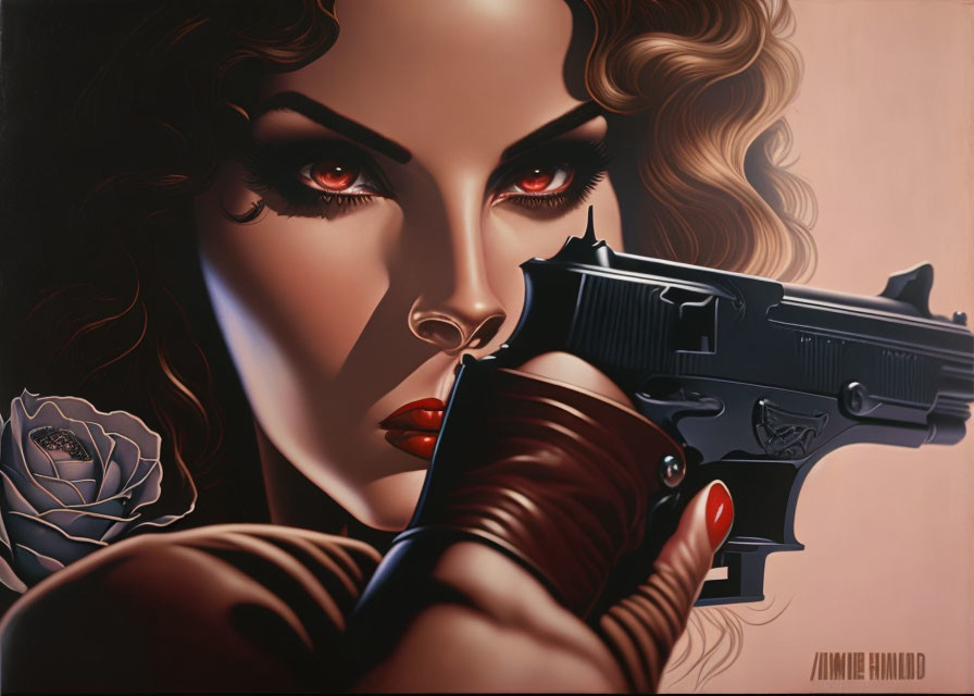 Illustration of woman with wavy hair holding gun and rose.