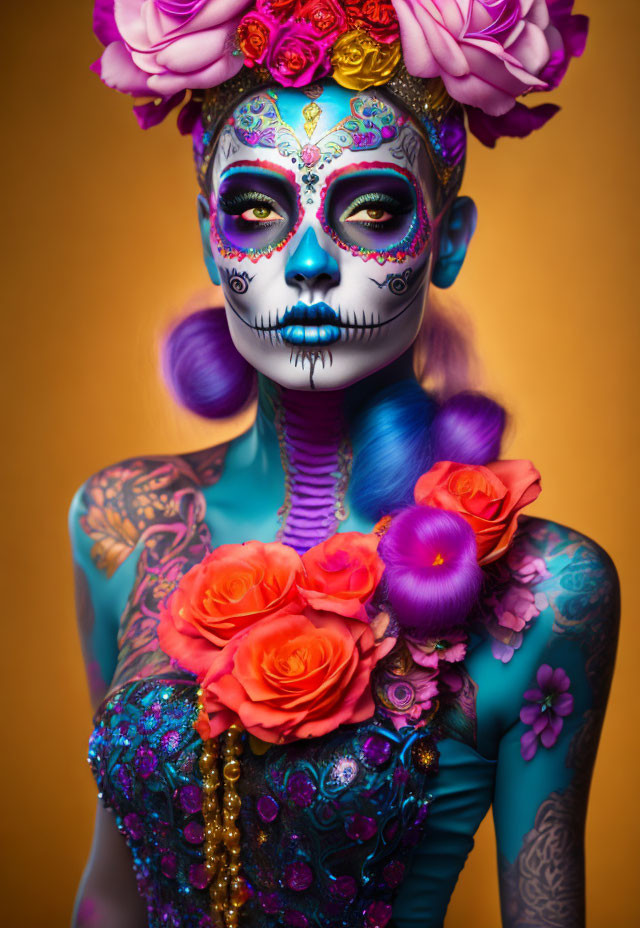 Colorful Day of the Dead makeup with floral headpiece and attire roses.