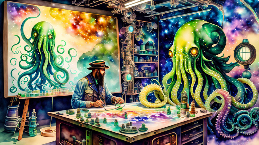 Colorful Cosmic Map Illustration with Bearded Figure and Tentacled Creatures