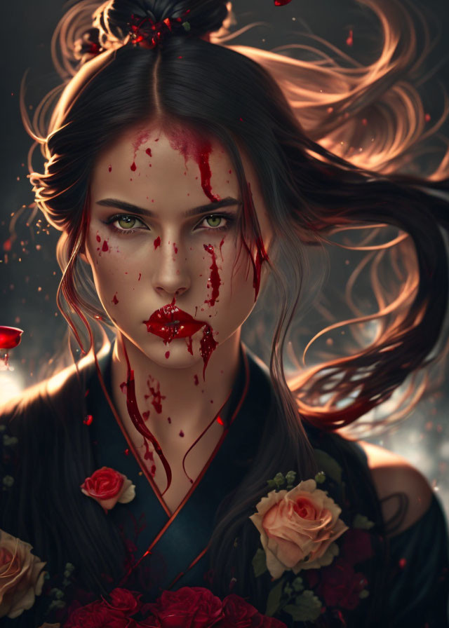 Dark digital artwork: Woman with blood splatters and roses in hair