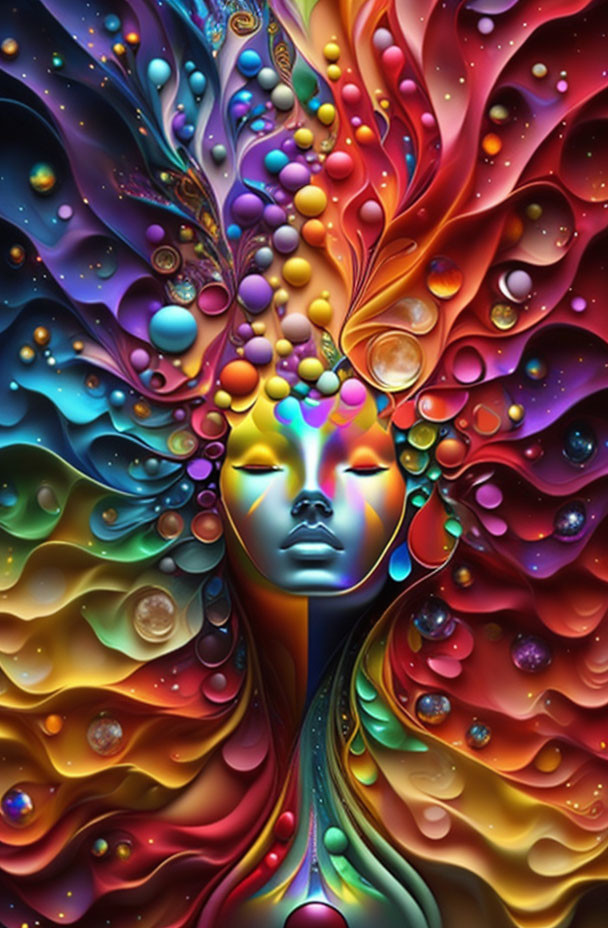 Colorful digital artwork: Face in psychedelic patterns & peacock feather-like droplets