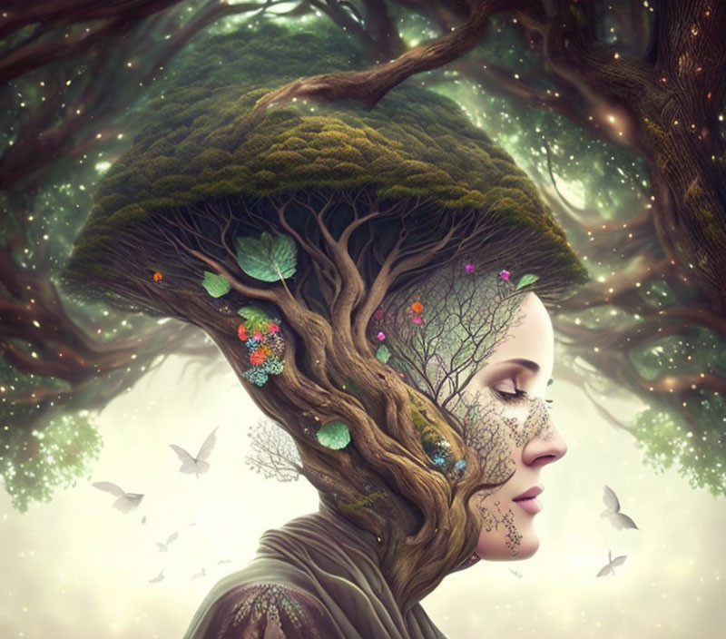 Woman's profile merging with tree in tranquil artistic portrayal