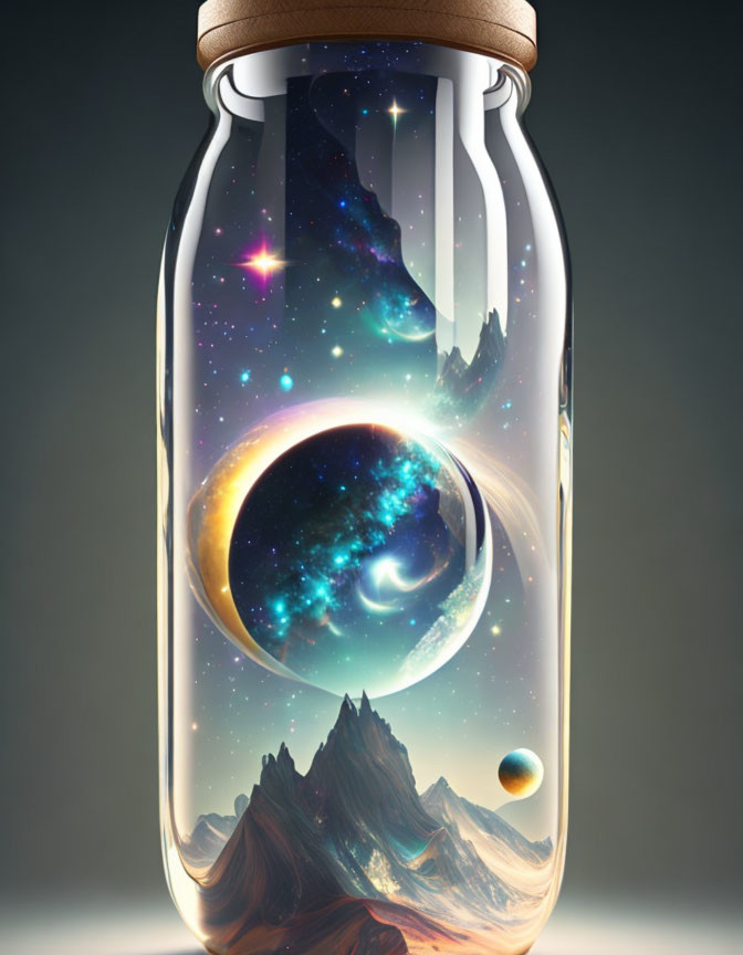 Glass jar containing cosmic scene with planets, stars, and nebulae above mountains